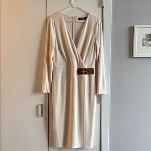 Alfani Cream Faux-Wrap Long-Sleeve Dress with Brown Belt Accent